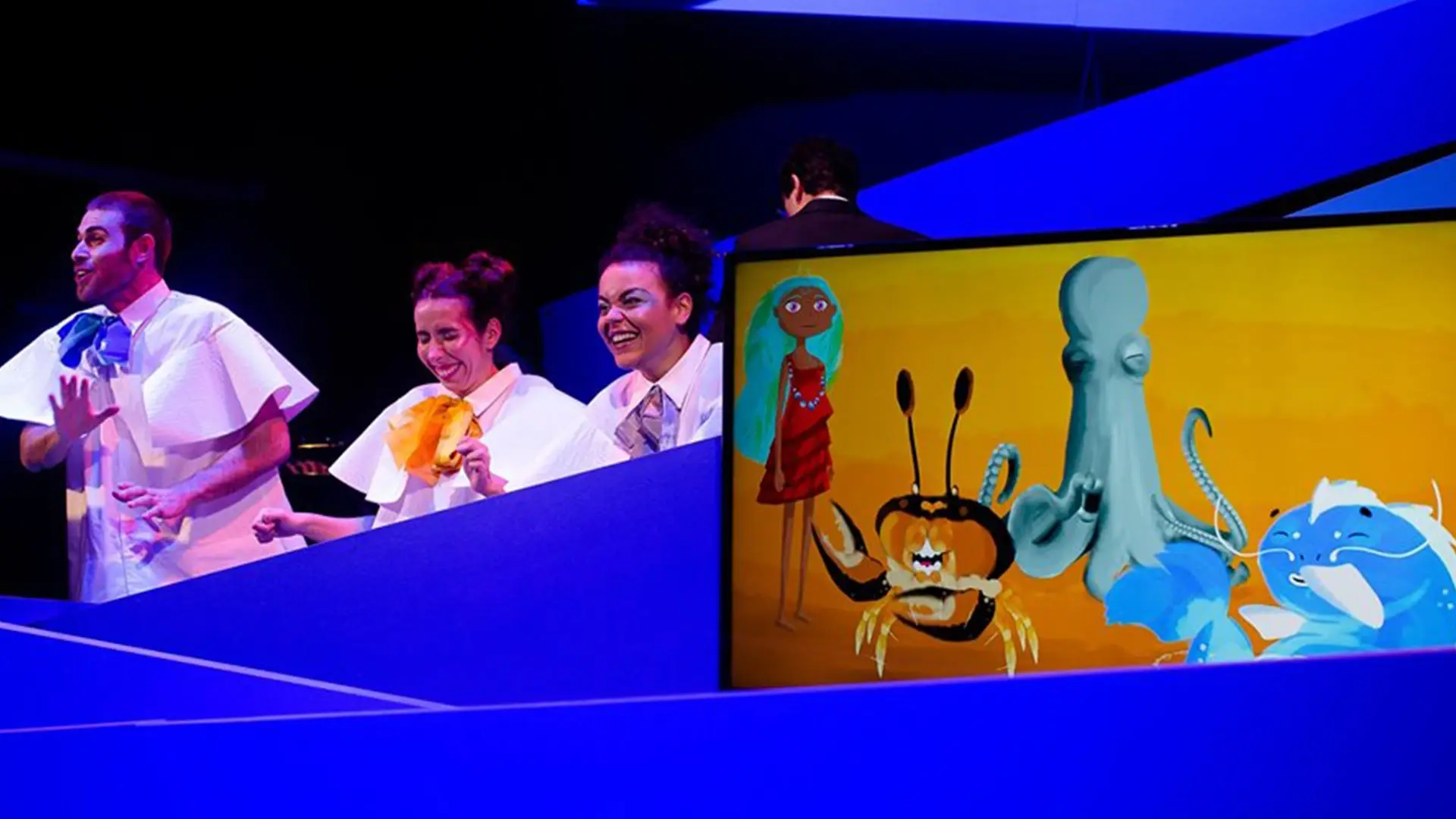 Video animation and illustration and creative solutions like gameplay for interactive live theater production 